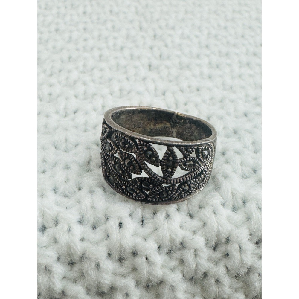 Vintage 925 Sterling Silver Marcasite Openwork Leaf Vine Band Ring Size 6.5
